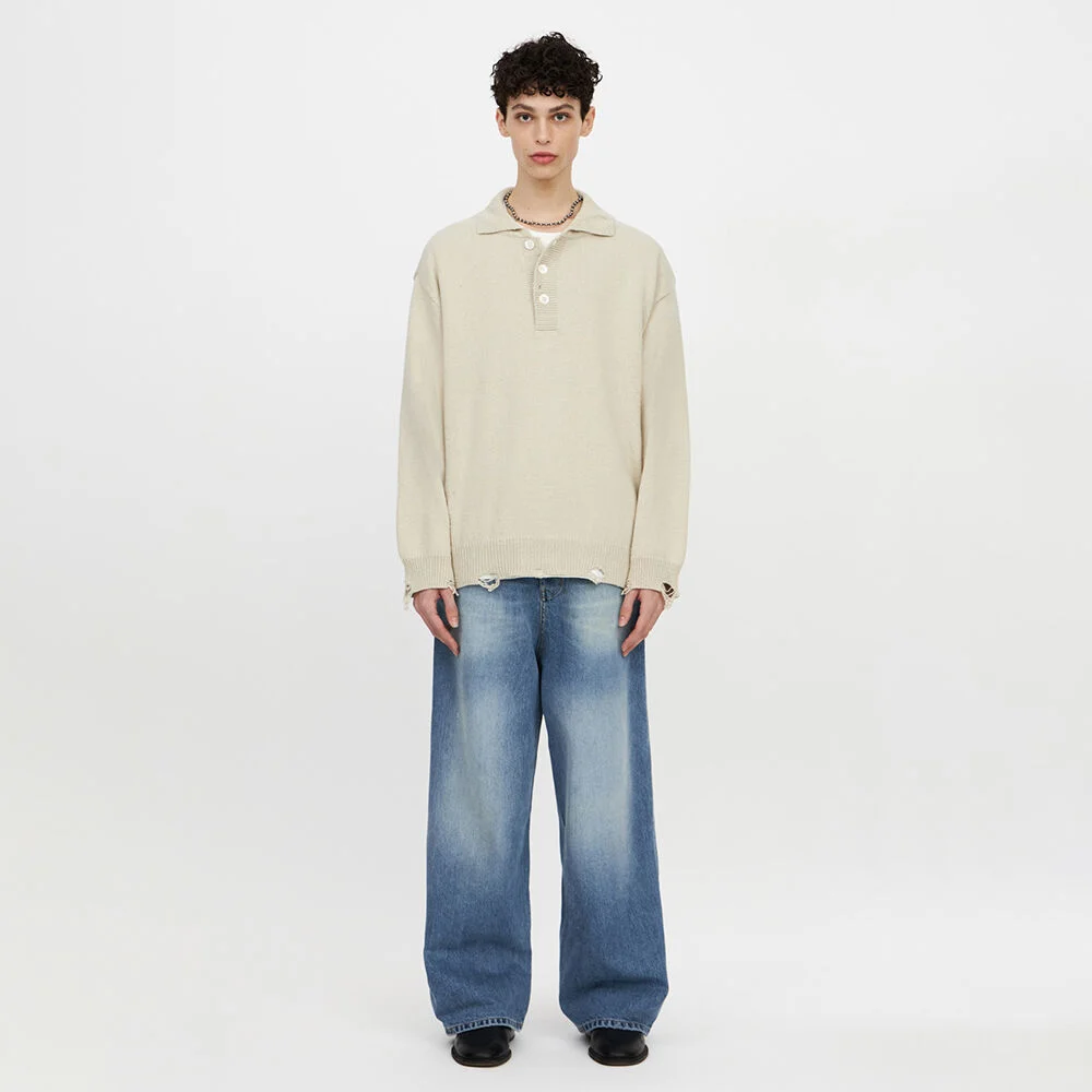 23SS Damaged knit collar T-shirt Ivory