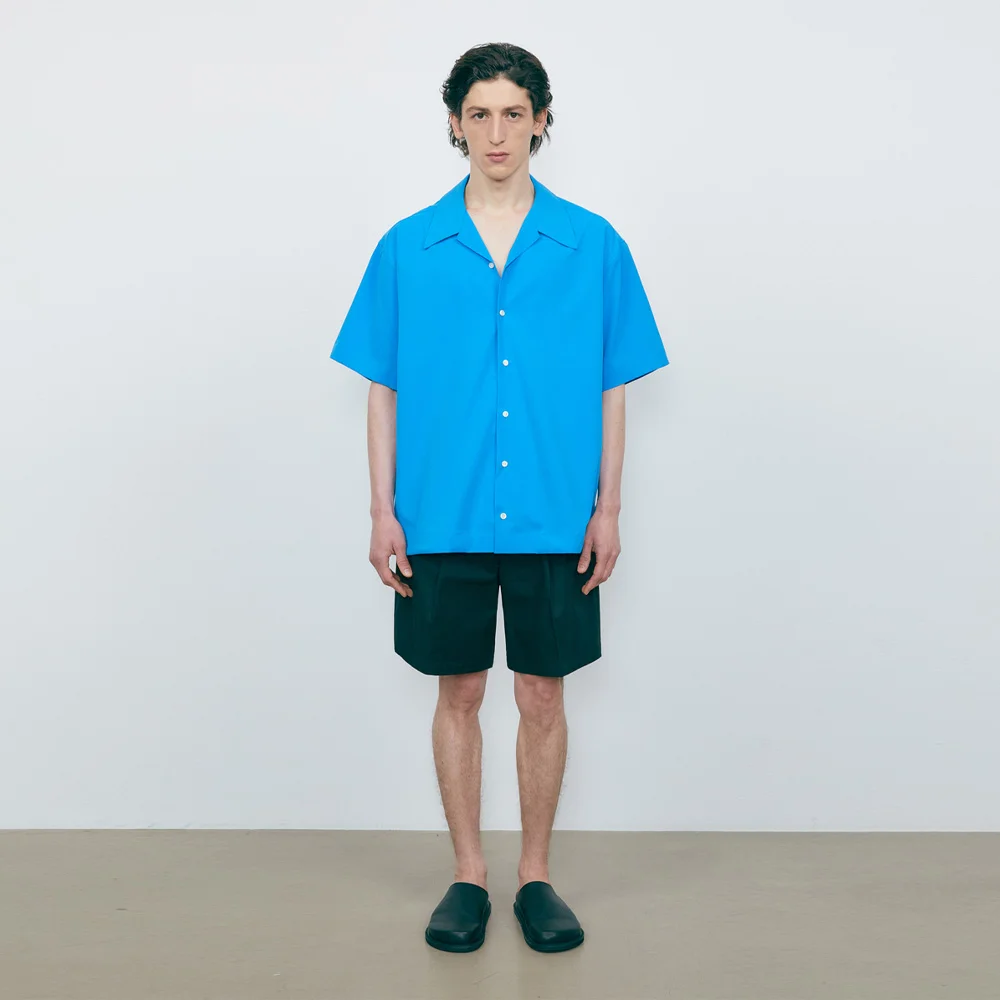寬鬆版型 開領 Cool Summer 鬆緊帶 襯衫_藍色