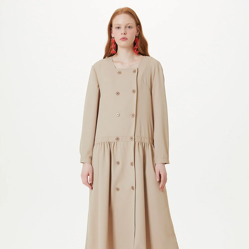 SQUARE NECK DOUBLE BUTTON DRESS (BEIGE)