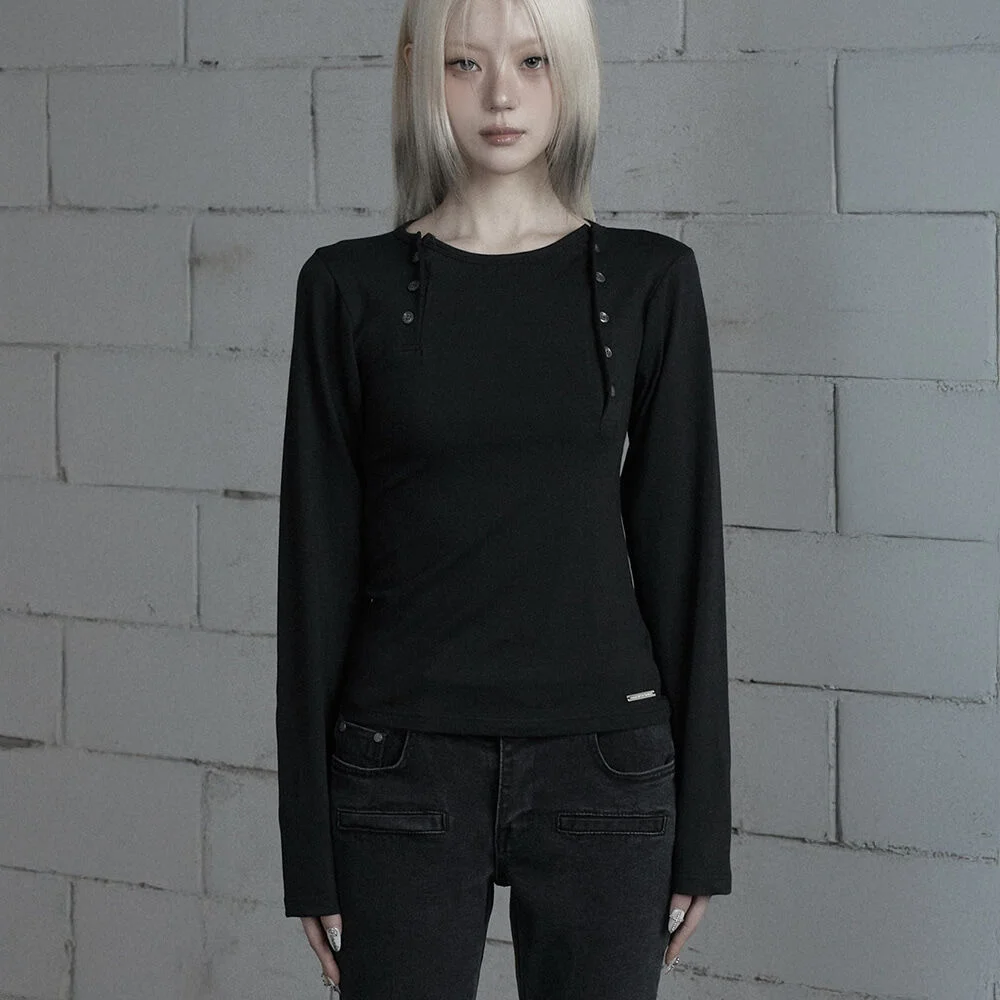 Two-Line Button Long Sleeve (Black)