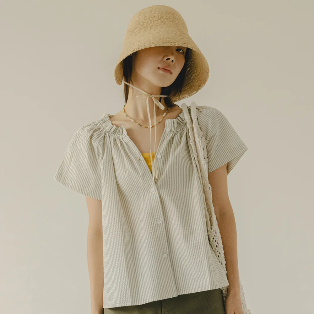 Seersucker Off Shoulder Cream Blouse
