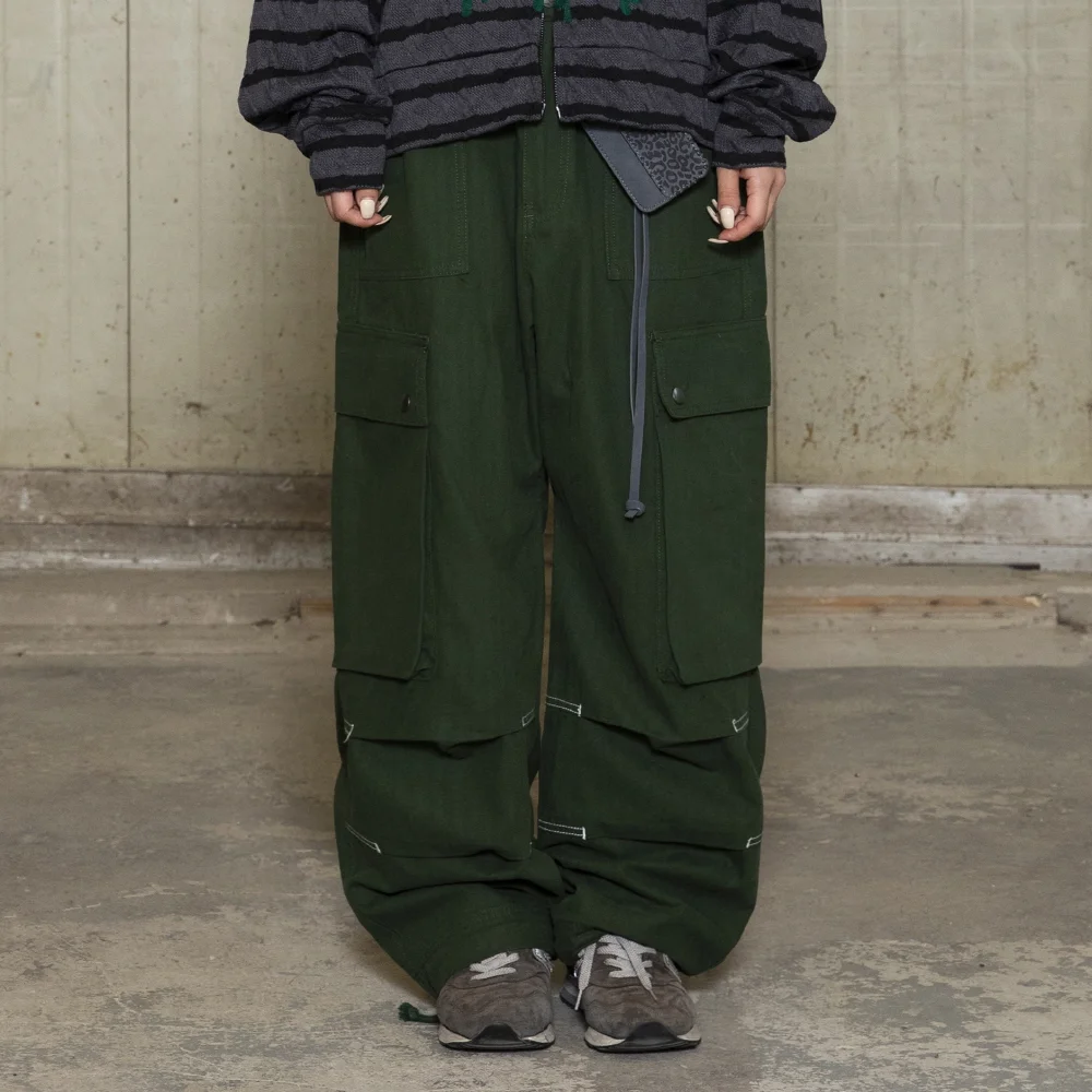 GP172 寬鬆 工裝 人字紋 純棉 褲子 (OLIVE)