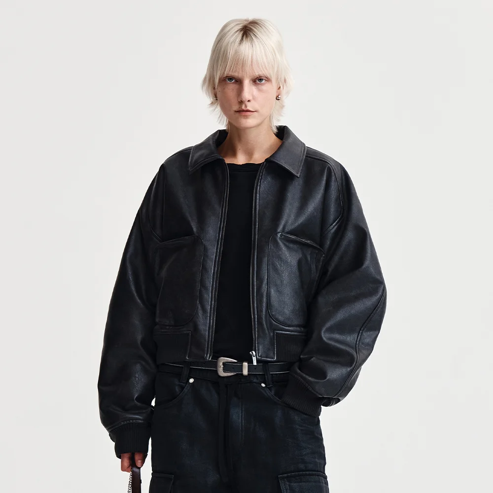 FAUX LEATHER OUT POCKET JUMPER IN CHARCOAL