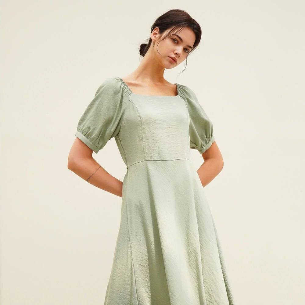 Square Neck Balloon Dress_Mt.Green