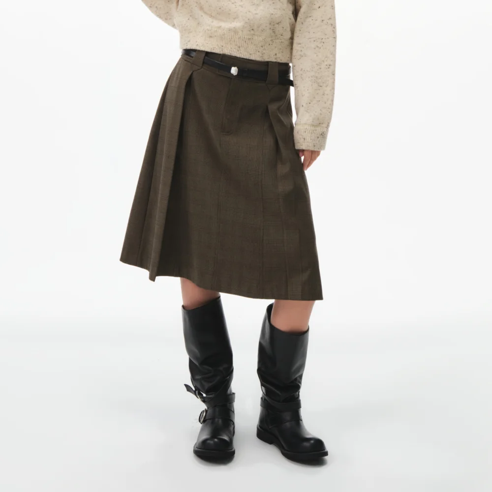 YELENA CHECK MIDI SKIRT (KHAKI)