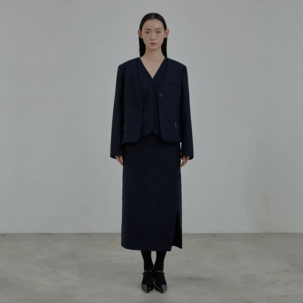 Slit Long Suit Skirt - Navy