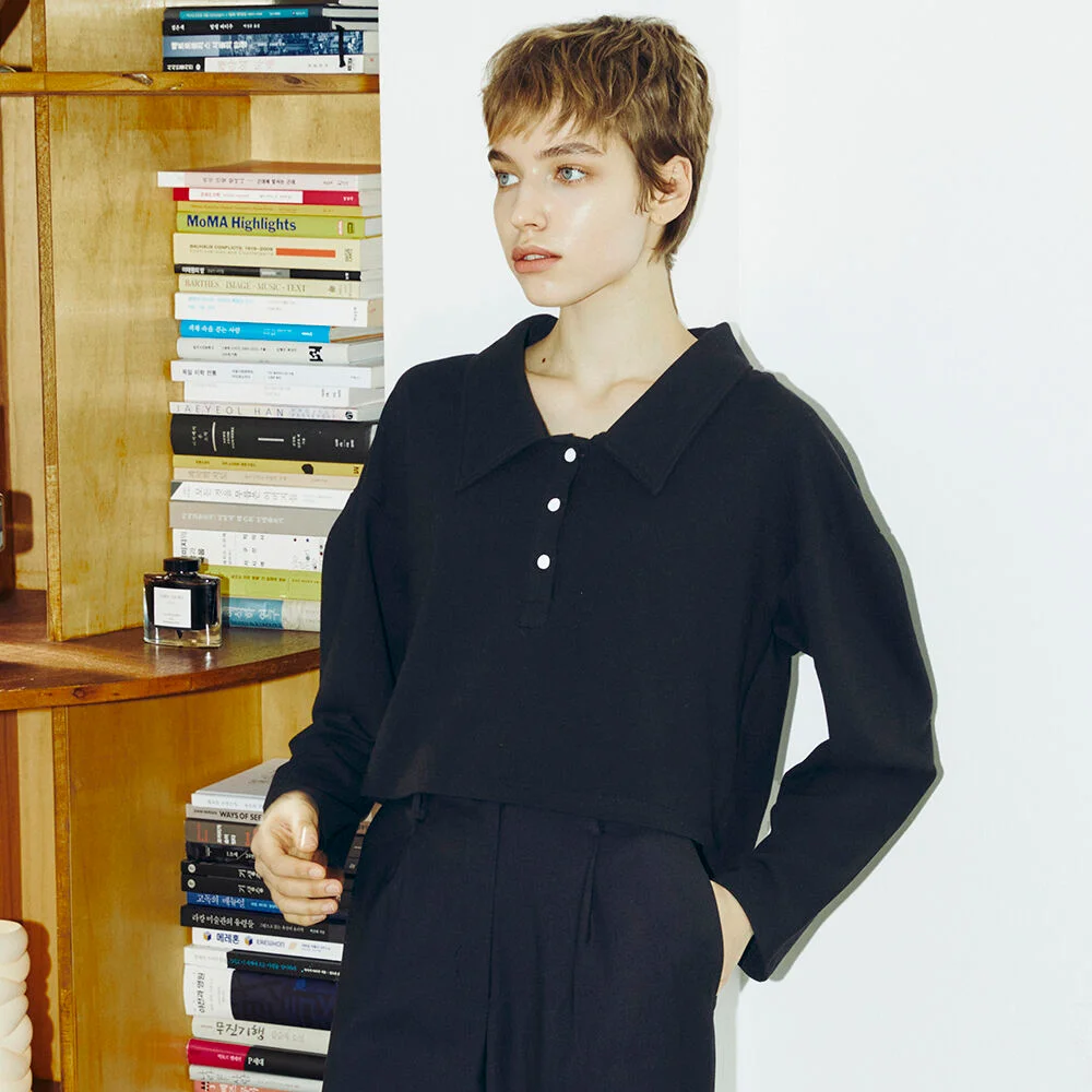 Shirt Collar Crop T-Shirt - Black