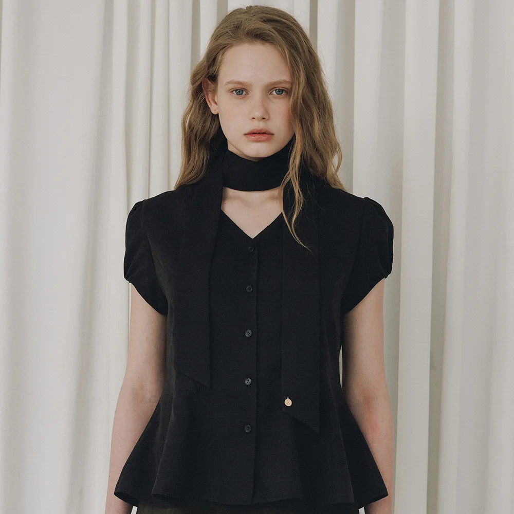 Suede flare button scarf blouse_black