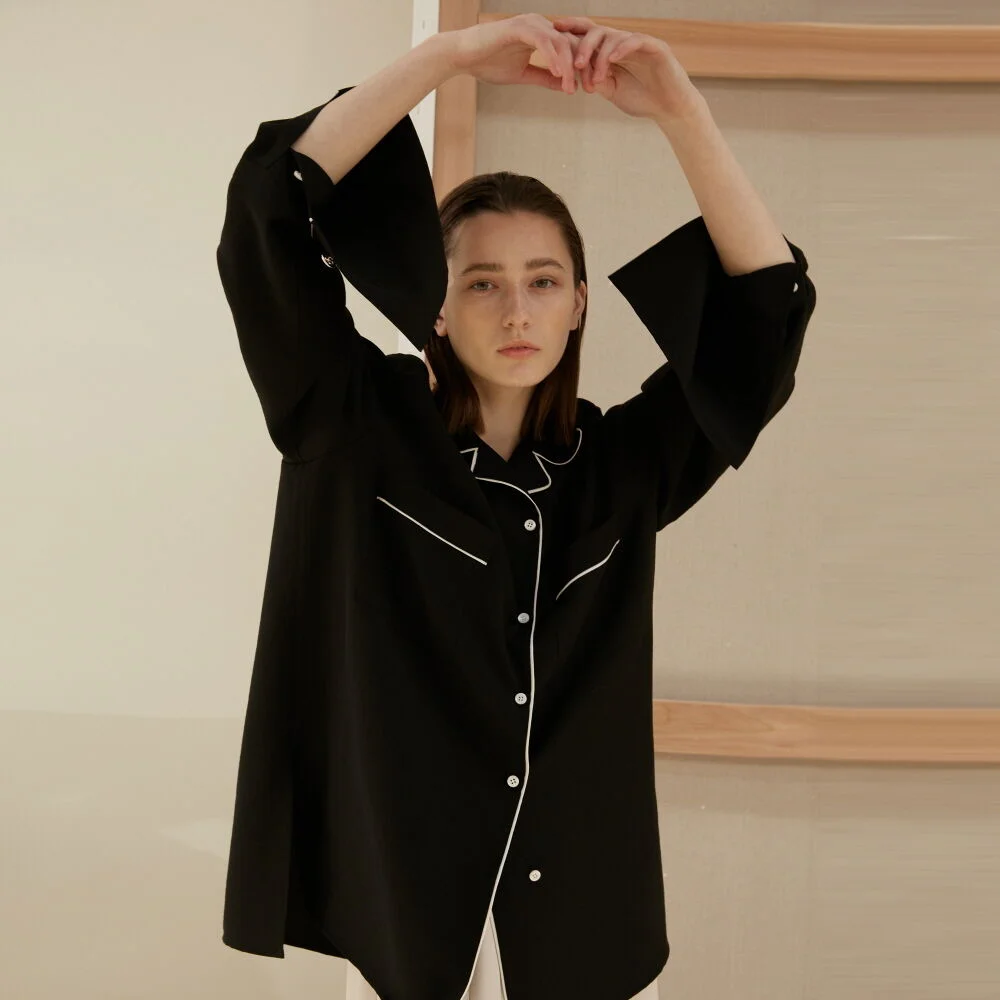 Shirt Pajama Edge Blooming Black