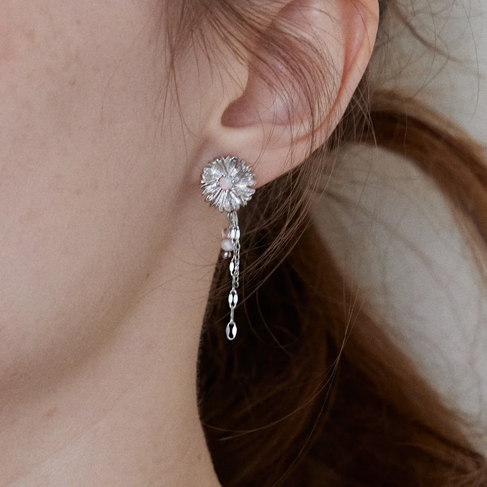 Silver dandelion flower earring