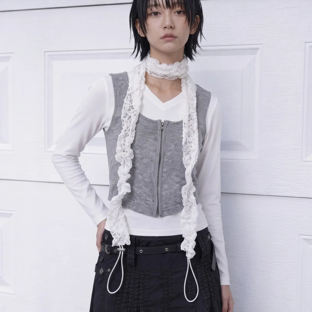 蕾絲 束繩 調節 夏季 絲巾 STRING PLEATS MUFFLER / LACE / WHITE