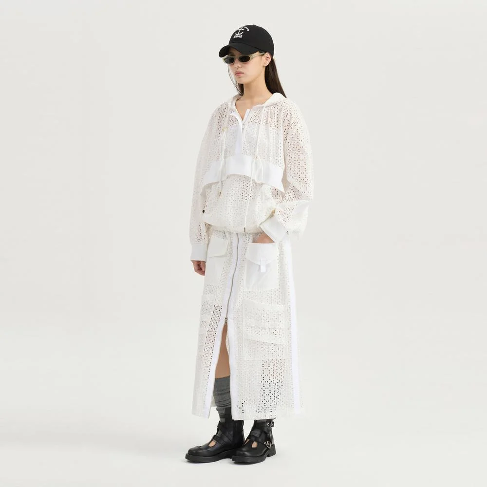 Eyelet Lace Back Banding Long Skirt (white) LFKAM25830WHX