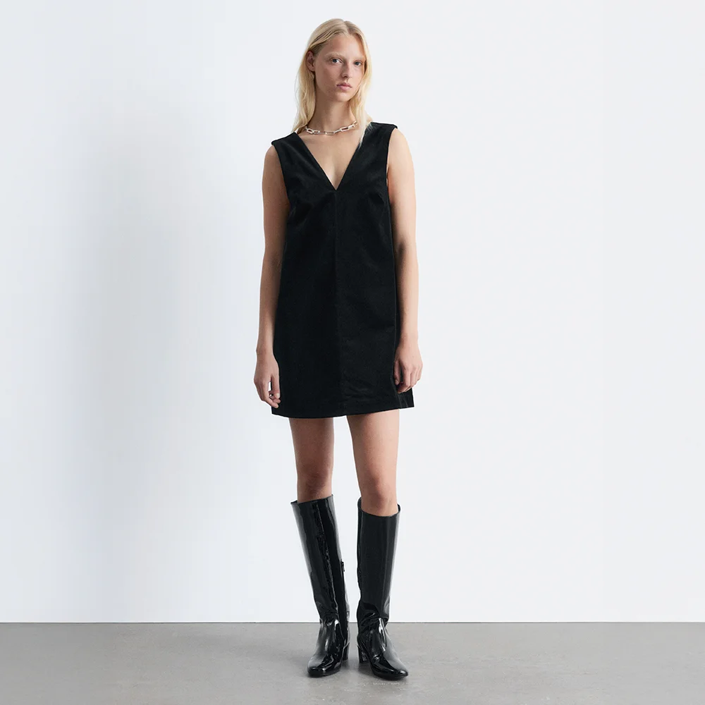 V 領 絲絨 迷你 連身裙 (Black)