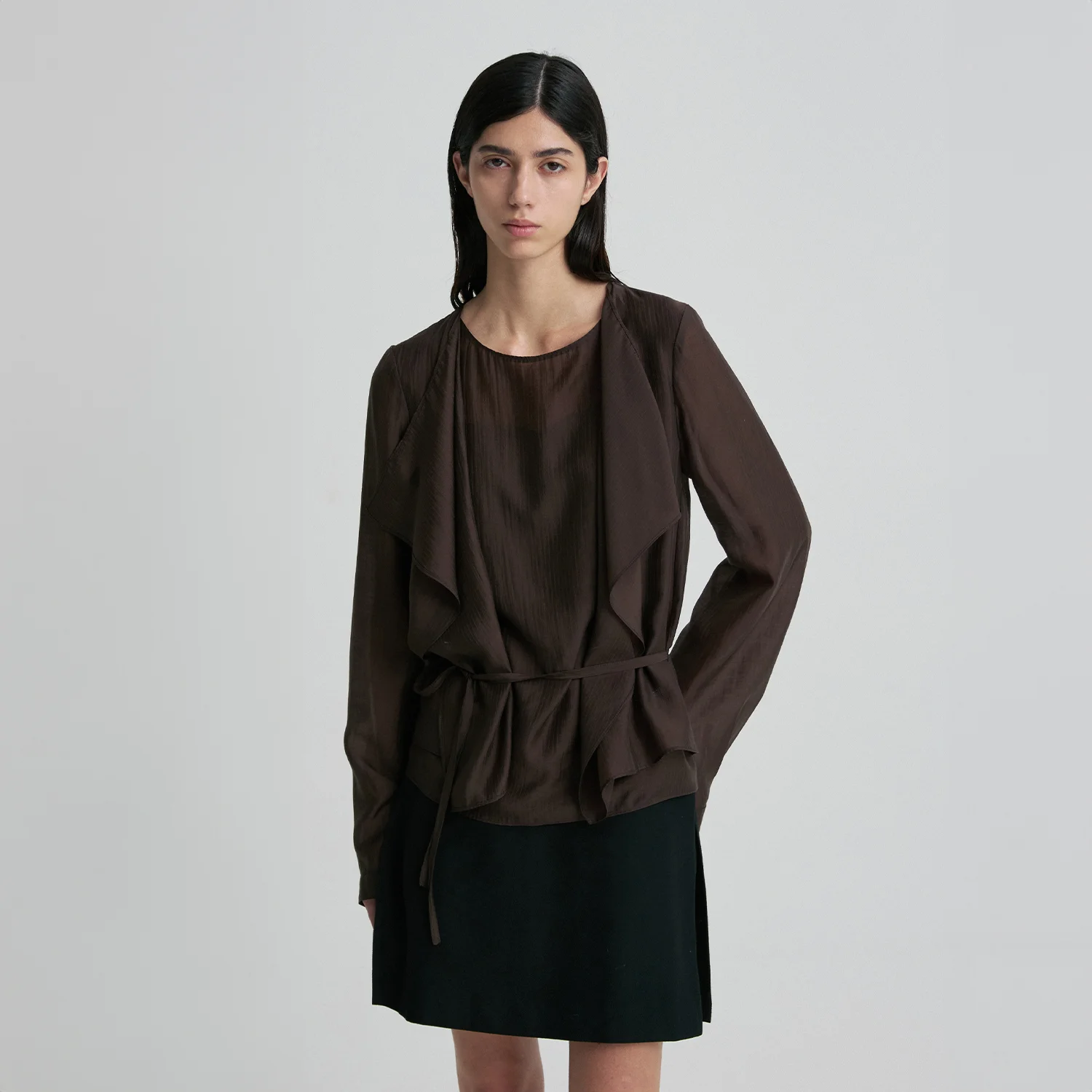 TIE-DETAIL GATHERED-WAIST BLOUSE TRUFFLE