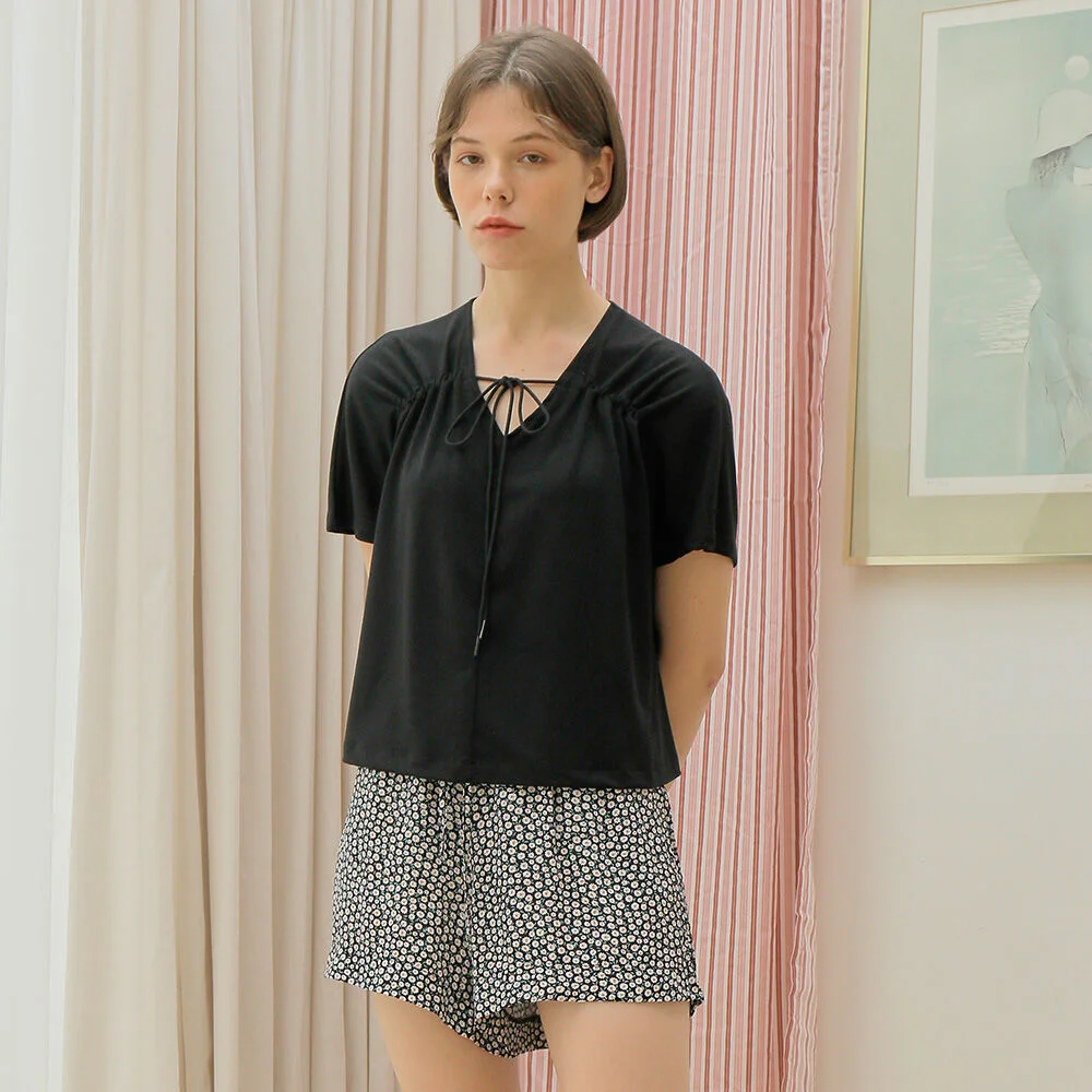 SHIRRING NECK T-SHIRT_BLACK