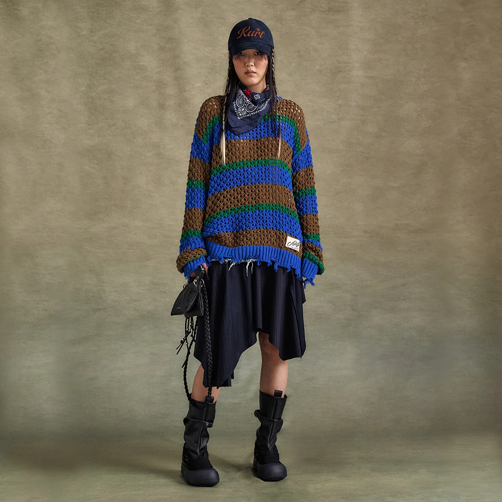 UNISEX DAMAGED STRIPE BOATNECK SWEATER atb1239u(BLUE/GREEN)
