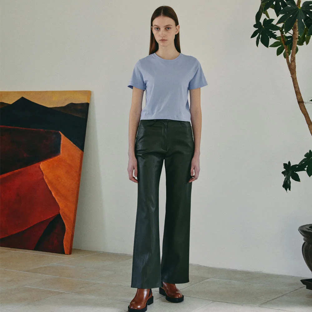 VEGAN LEATHER STRAIGHT PANTS (KHAKI)