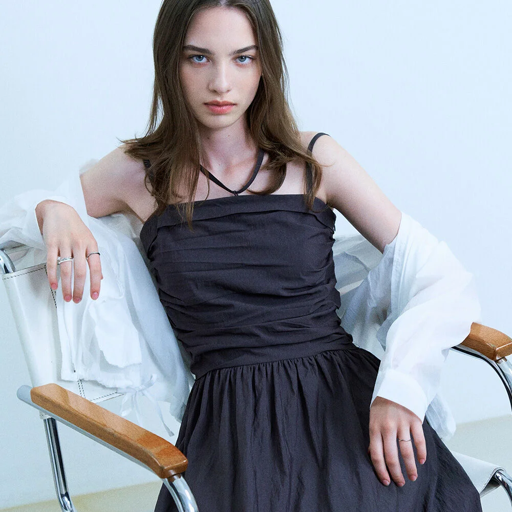 Jelli shirring choker long dress - charcoal