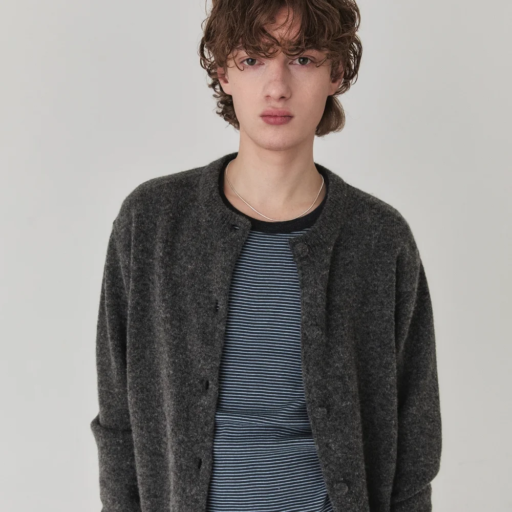 Brushed Wool Round Neck Cardigan_Chacoal
