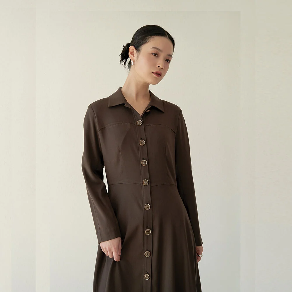 point button flare shirt dress_Ash Khaki