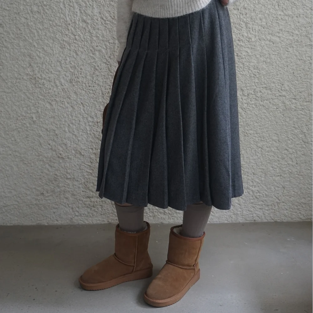 (woman) 百褶 羊毛 中長 半身裙_Gray