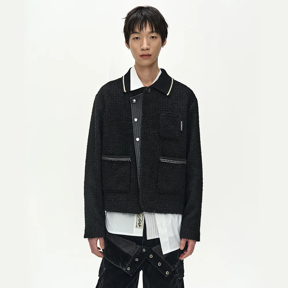 KNIT COLLAR TWEED CARDIGAN (BLACK)
