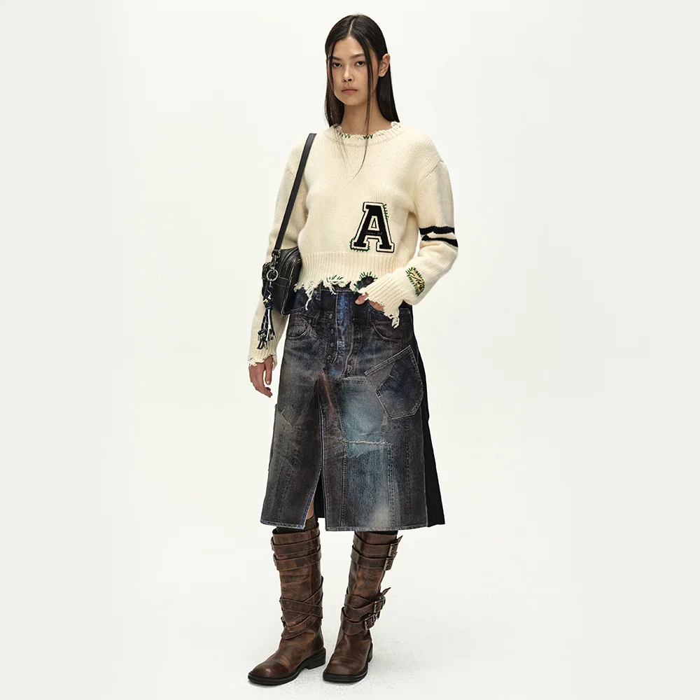 ILLUSION PATCHWORK TROMPE LOEIL PLEATED SKIRT (BLUE/BLACK)