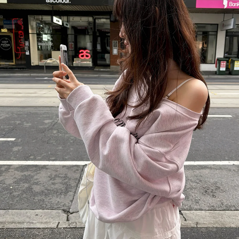 Cut-off one shoulder sweatshirt_melange pink