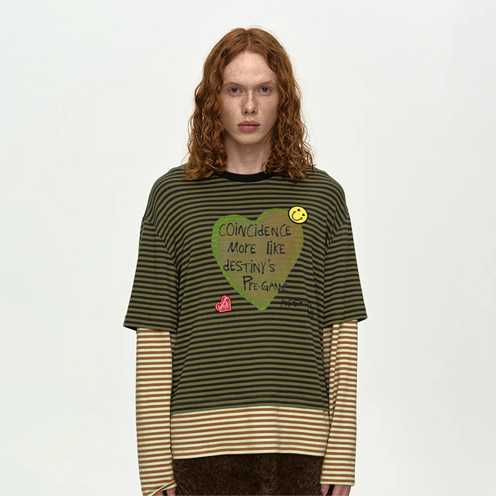 (ESSENTIAL) HEART MESSAGE STRIPE LAYERED L/S T-SHIRT atb1430m(KHAKI)