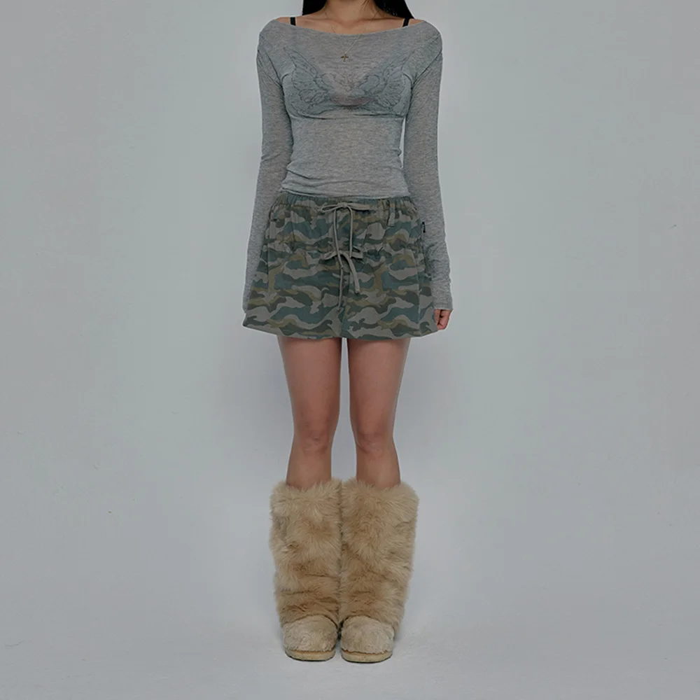 LETTERING ANGEL WING SHIRRING SKIRT_CAMO