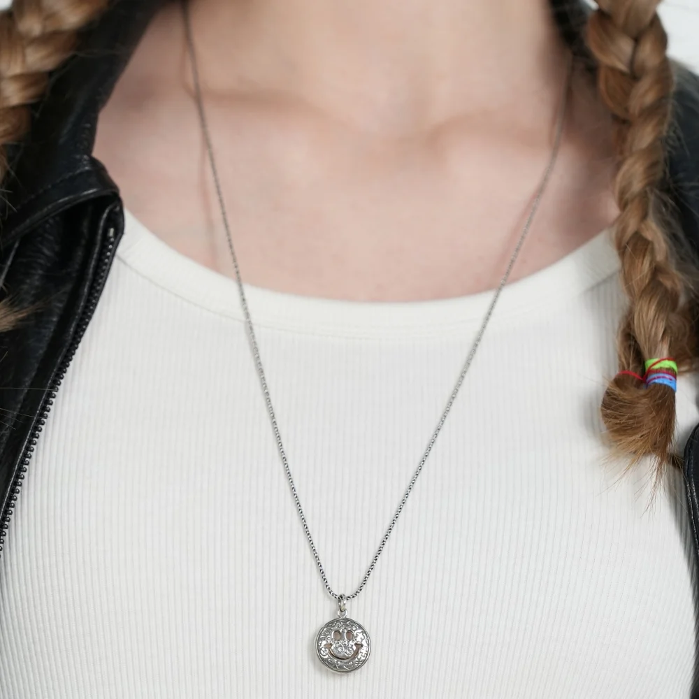 Double kitsch smile long chain Necklace 銀色925 笑臉 錢幣 吊墜 琺瑯 鏈 銀 項鍊 70cm