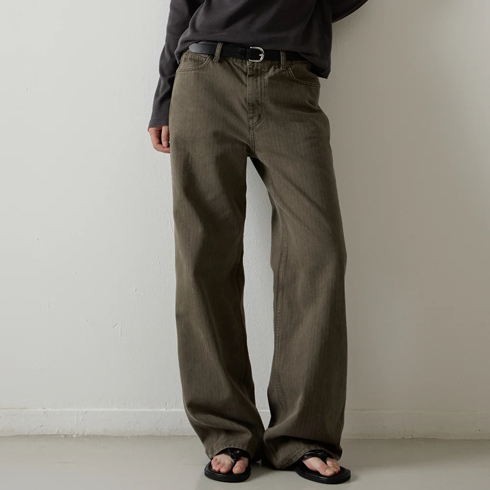 條紋 直筒 牛仔_khaki