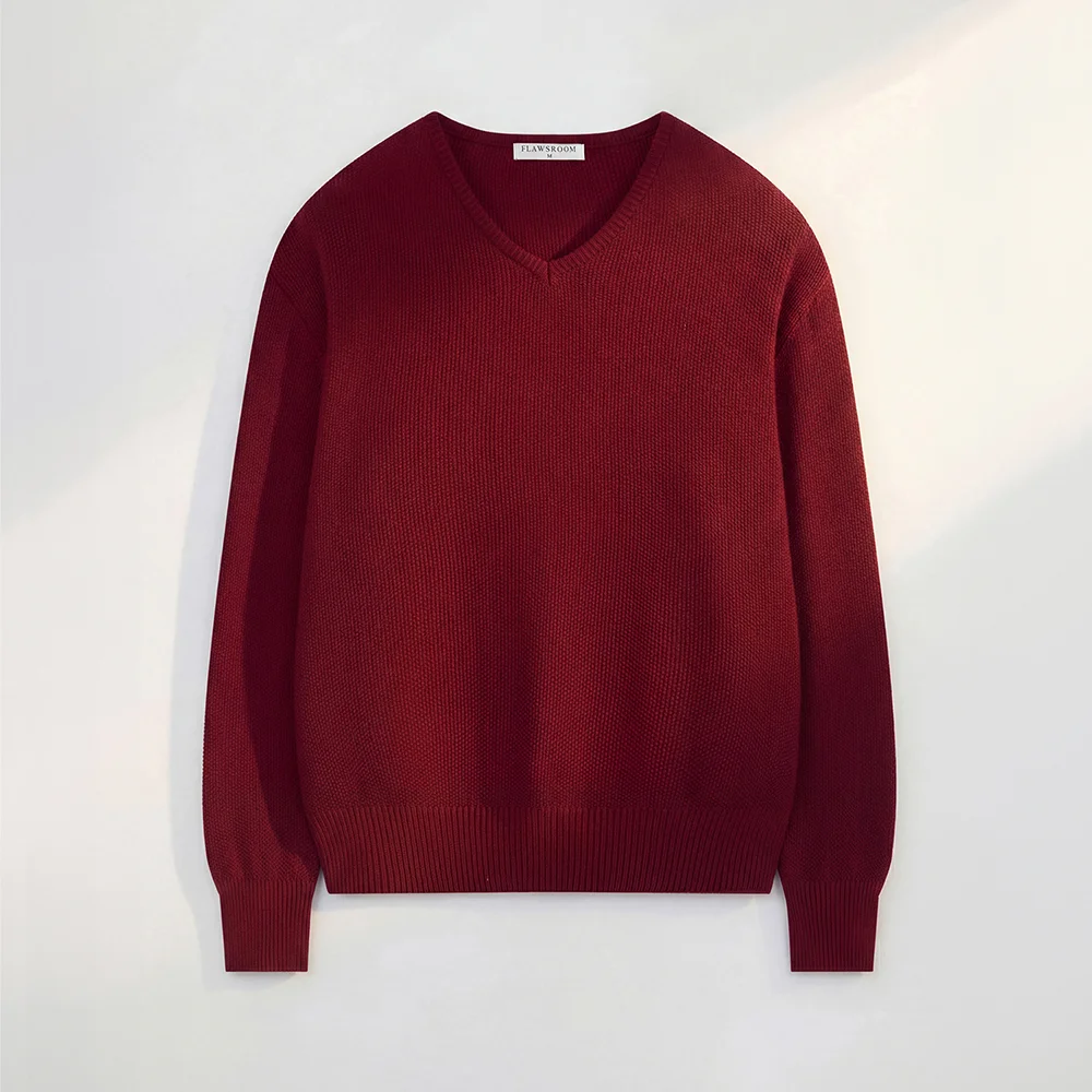 Waffle Cotton V Neck BURGUNDY