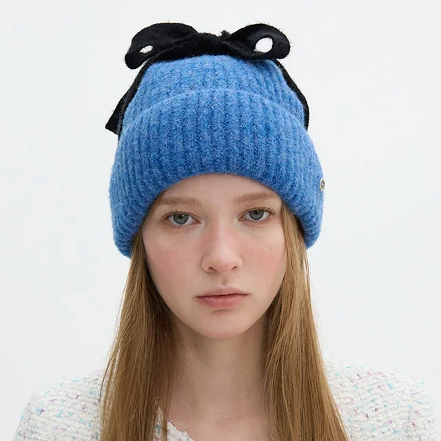 Ribbon Detail Beanie - Blue