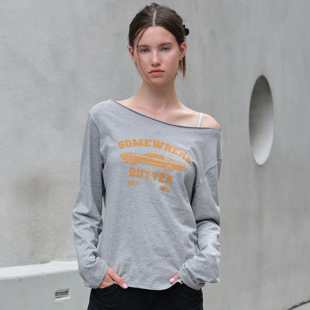Vintage Car Off Shoulder Top - Grey