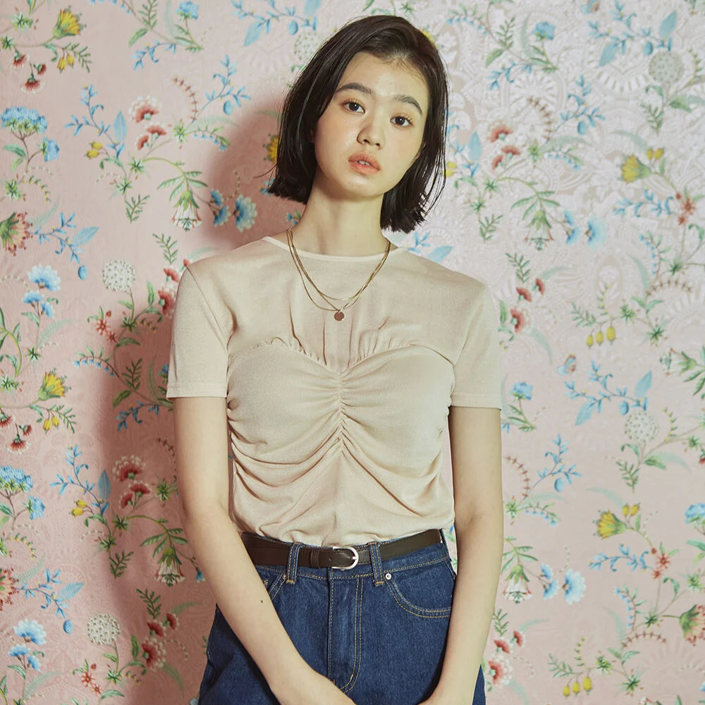 Shirring Top Layered T-Shirt (Beige)