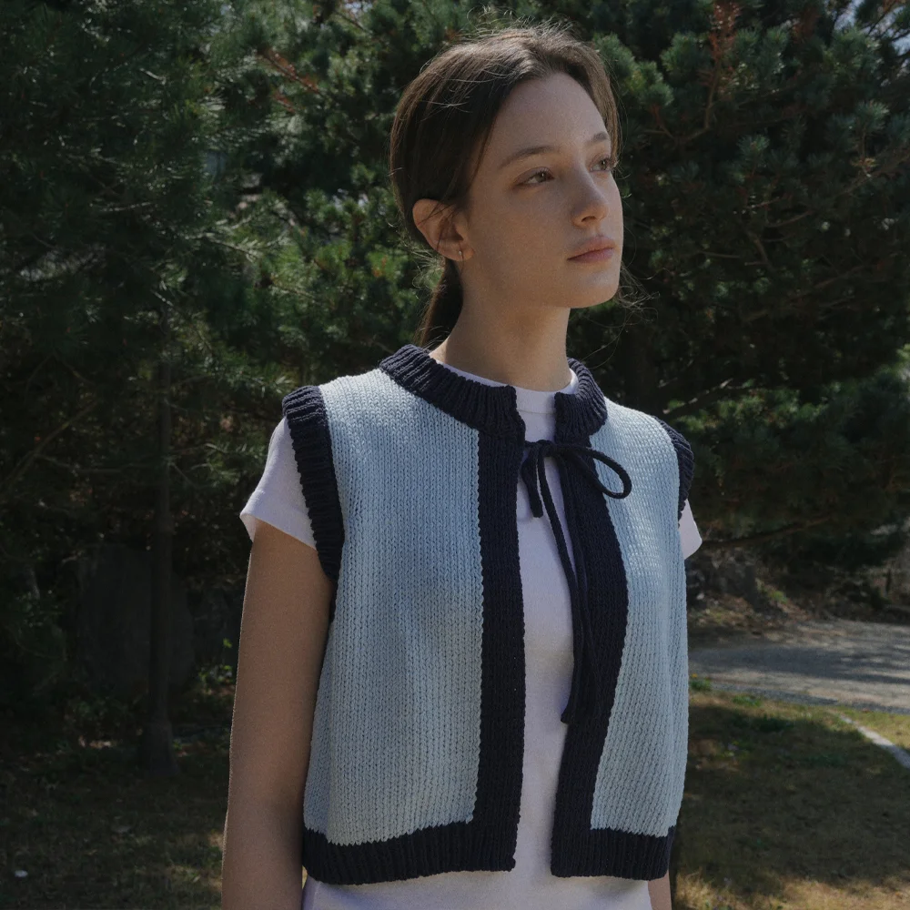 Ribbon Cotton Knit Sleeveless Vest (sky blue)