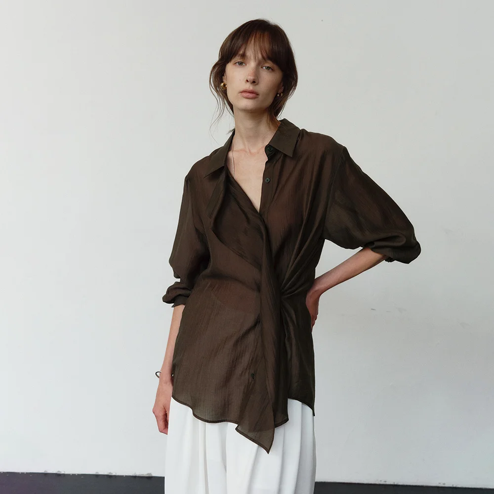 STRIPE OVERLAP SHIRT_DARK BROWN