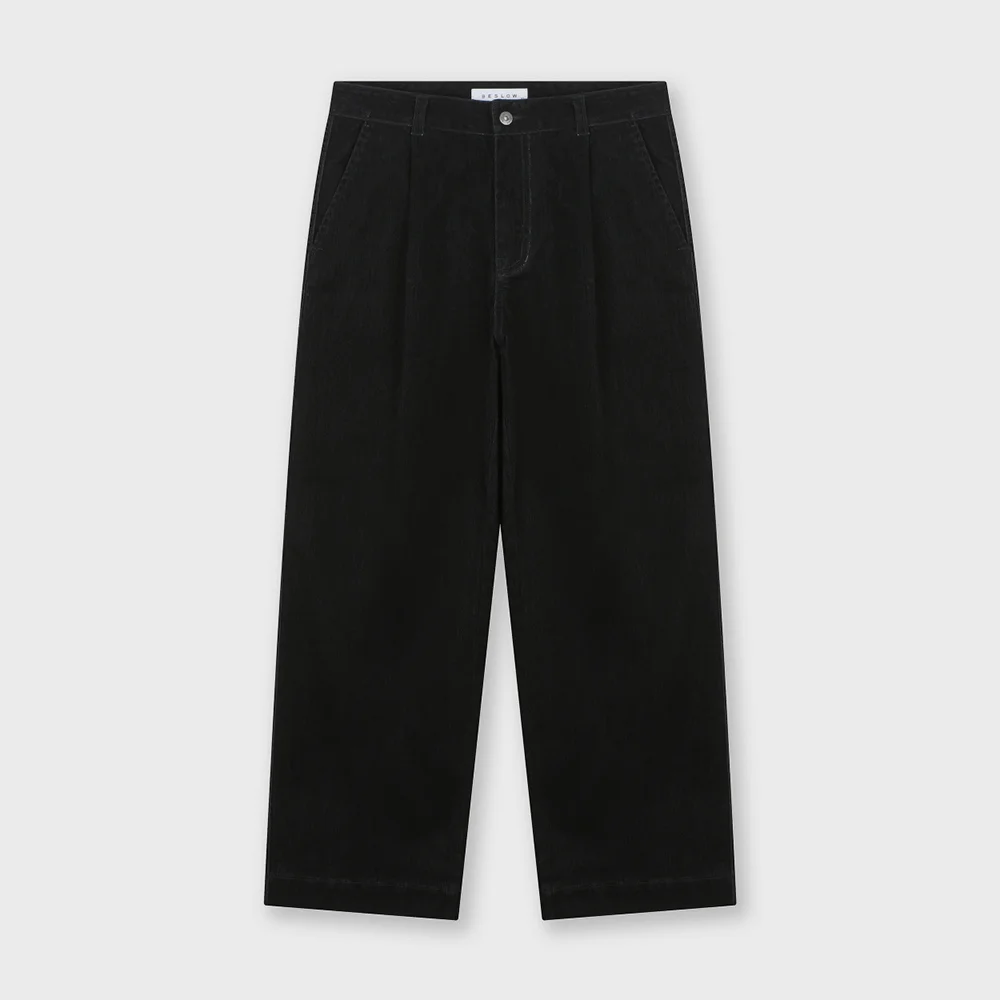 VELVET DENIM ONE TUCK CURVED PANTS BLACK