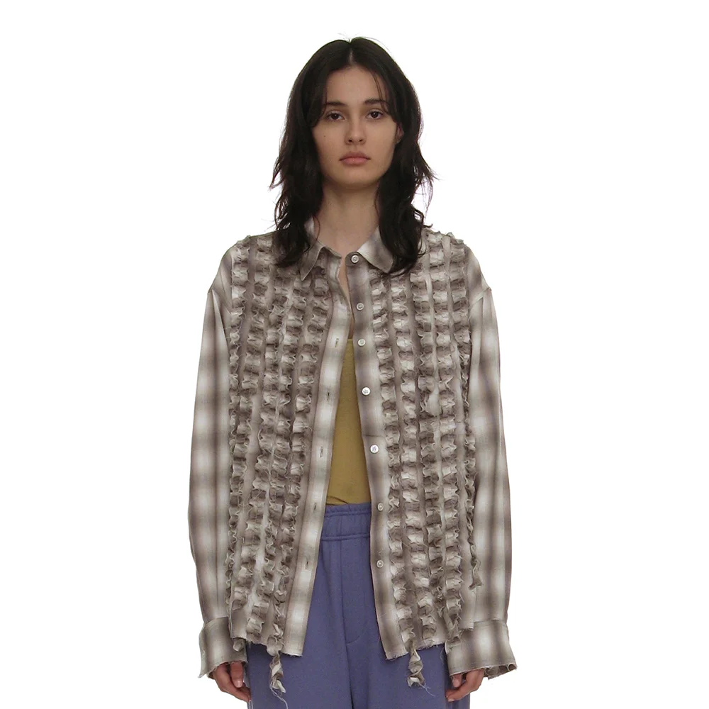 CUT-OFF FRILL TRIM SHIRT_BEIGE CHECK