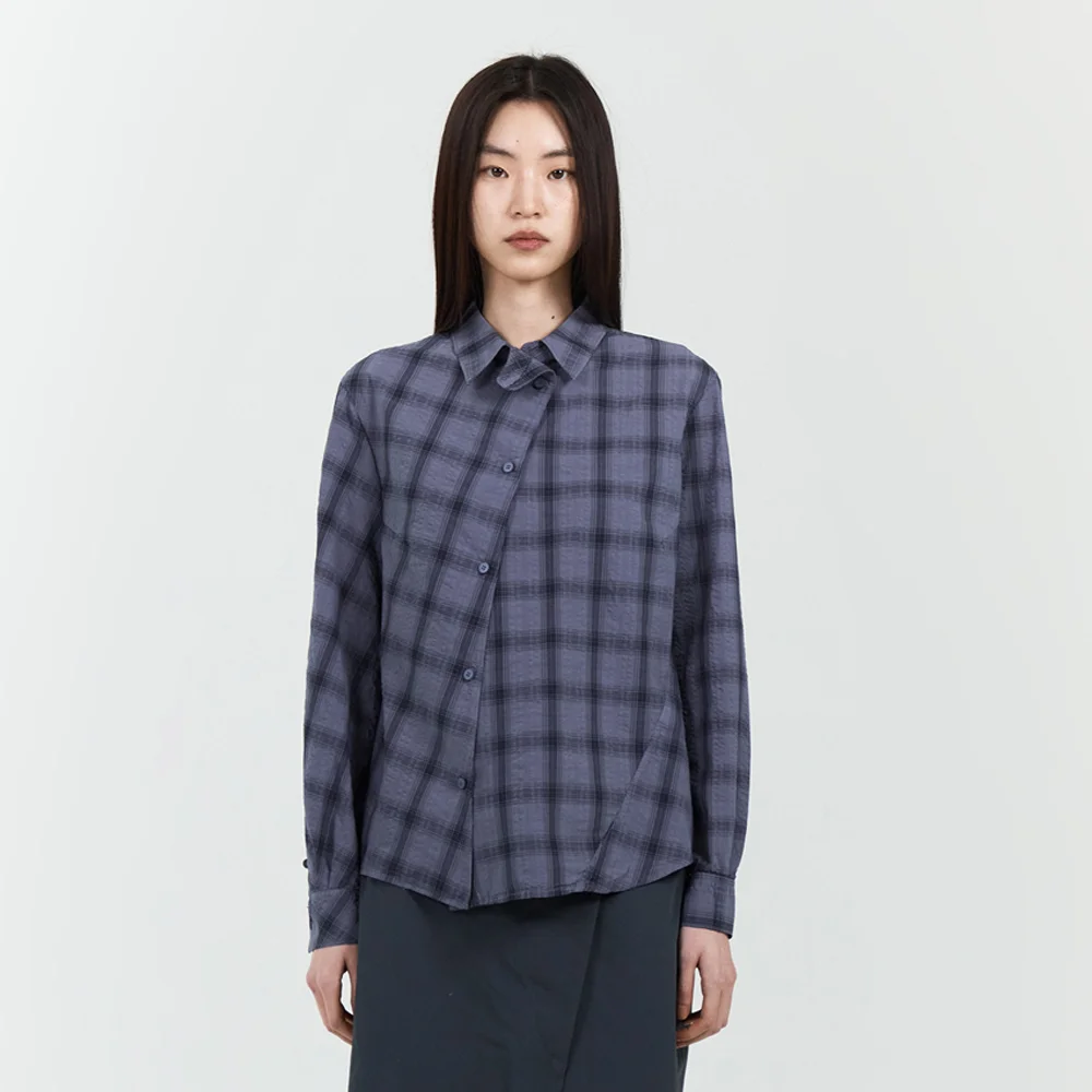 WOMENS GARMENT DYED CURVED CHECK SHIRT SLATE GREY