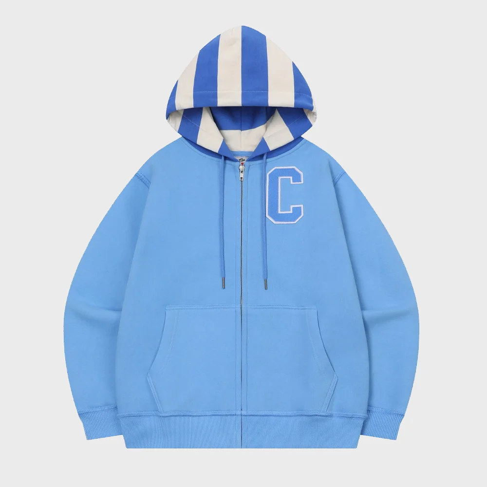 STRIPED-HOOD ZIP-UP HOODIE(BLUE/加絨)