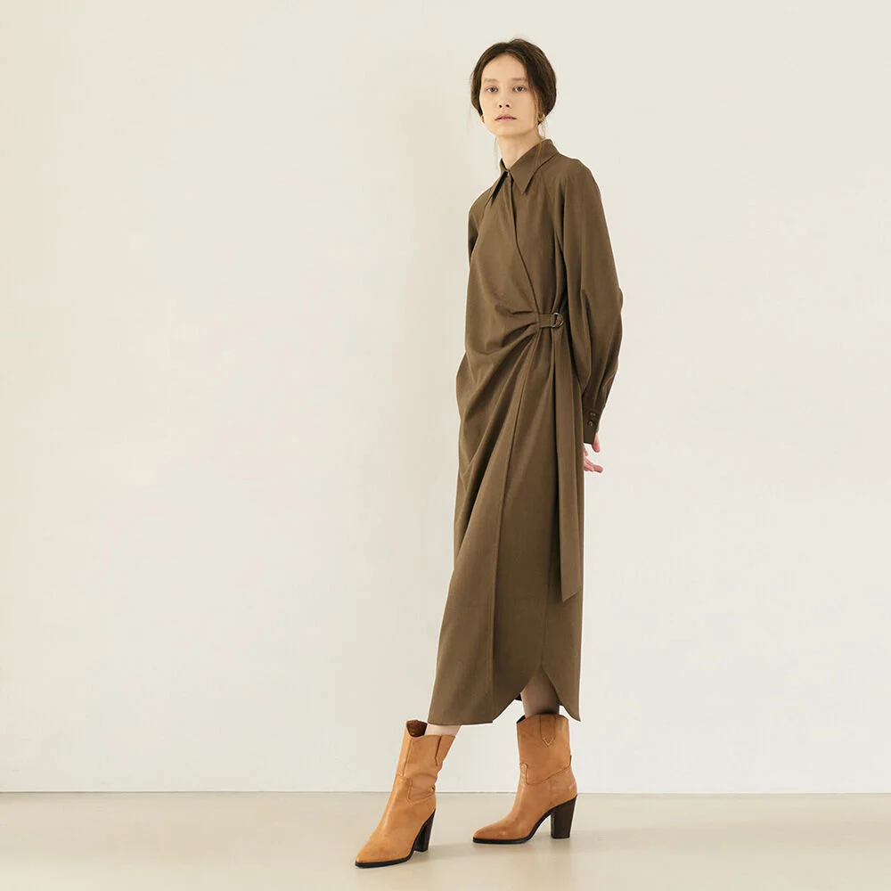 TUCK PLEATS WRAP DRESS (mocha brown)