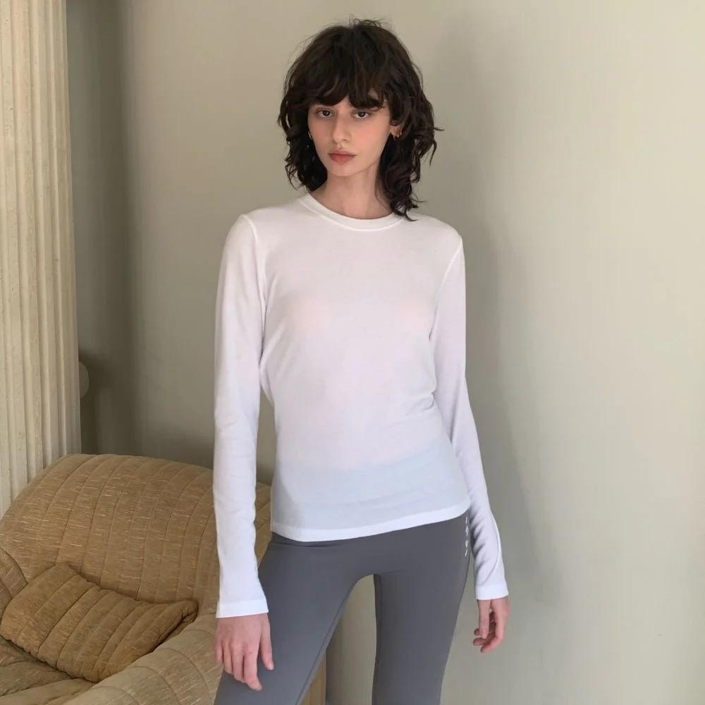 Rib Crew Neck Long Sleeve tee 白色