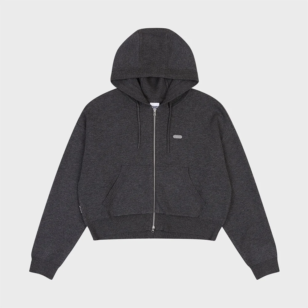W FULL ZIP UP KNIT HOODIE (CHARCOAL)