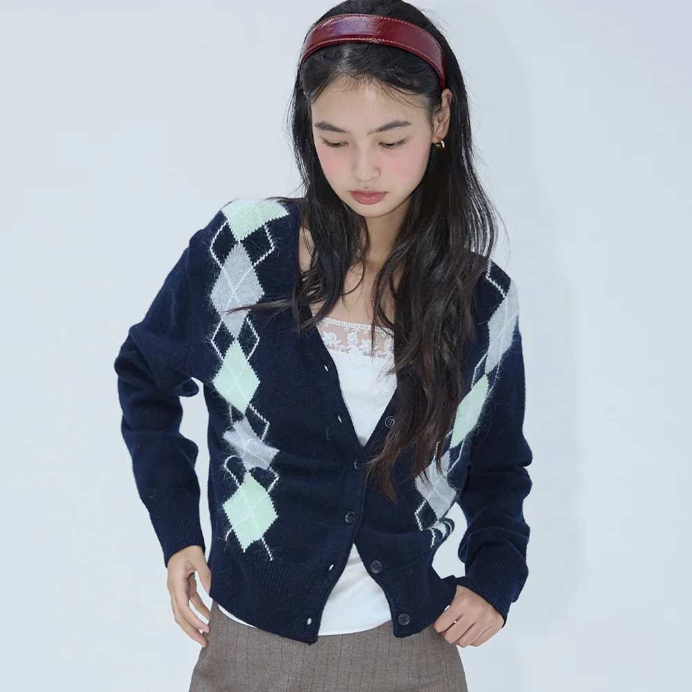 Argyle Merino Wool Cardigan Deep navy