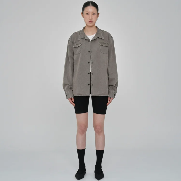 Washed open-collar shirt, brown