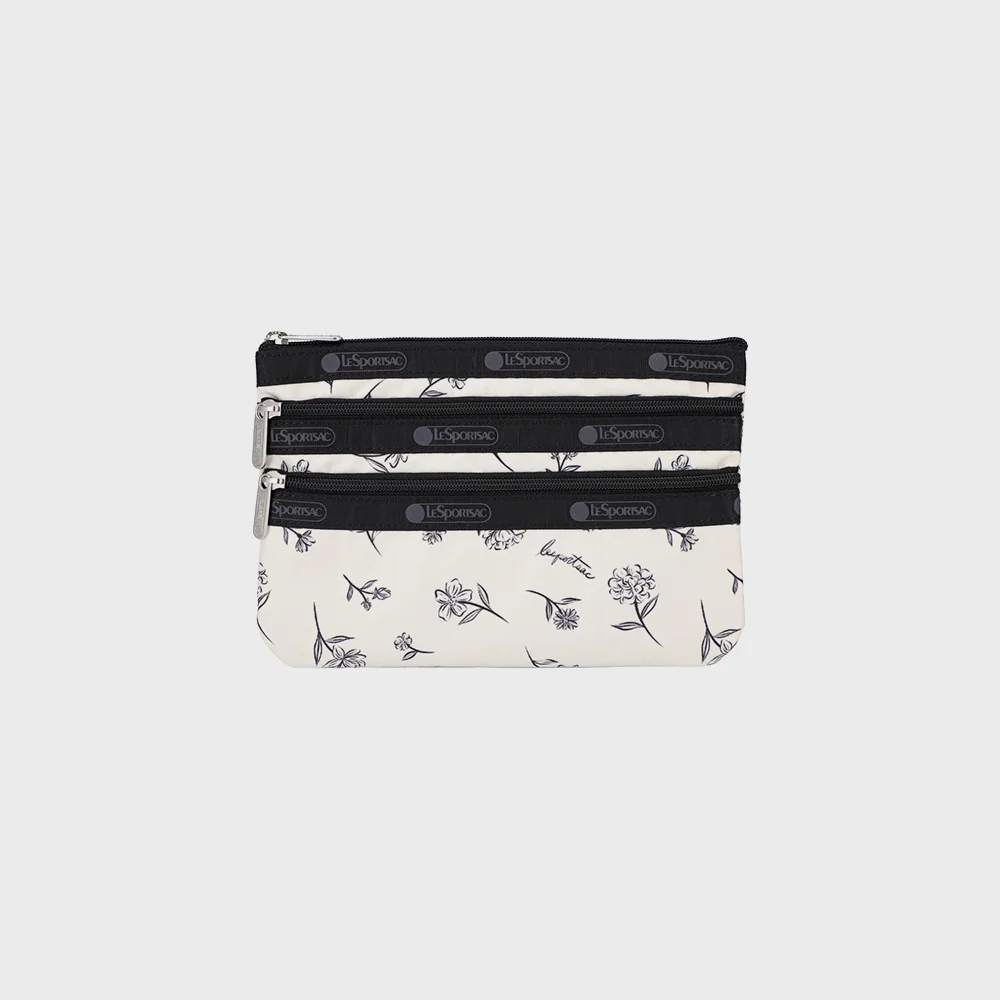 墨水 素描風 花卉 象牙色 Three Zip 化妝品 化妝袋