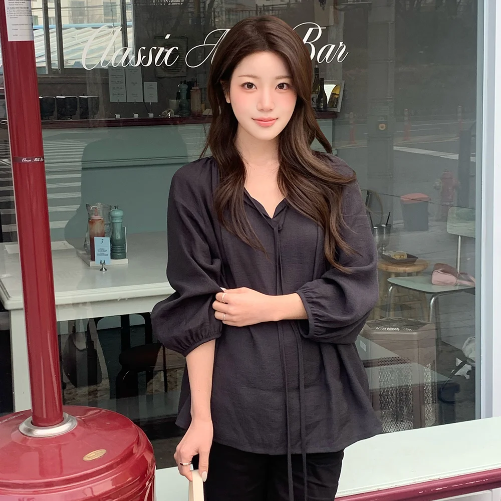 Sheer shirring string blouse_charcoal