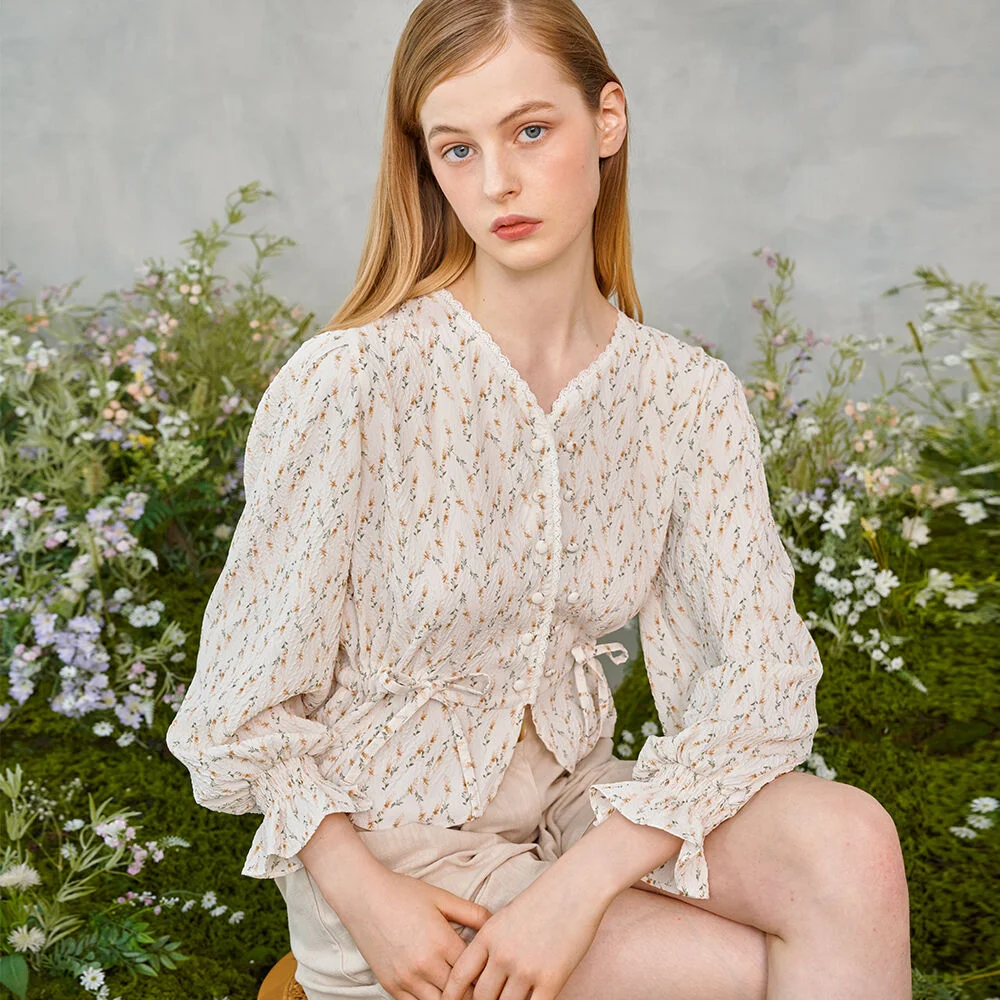 Lace Button Puff Blouse (2colors)